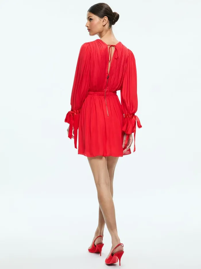 Alice Olivia CLARISSA DEEP V TIE SLEEVE MINI DRESS Bright Ruby Women Dresses