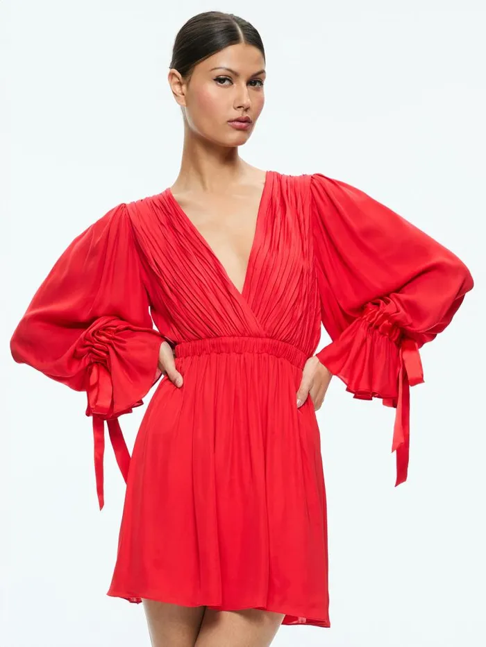 Alice Olivia CLARISSA DEEP V TIE SLEEVE MINI DRESS Bright Ruby Women Dresses