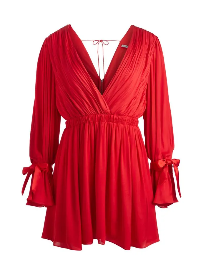 Alice Olivia CLARISSA DEEP V TIE SLEEVE MINI DRESS Bright Ruby Women Dresses