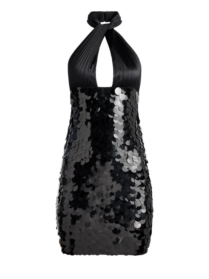 Alice Olivia DEDRA EMBELLISHED TWIST NECK MINI DRESS Black Women Dresses