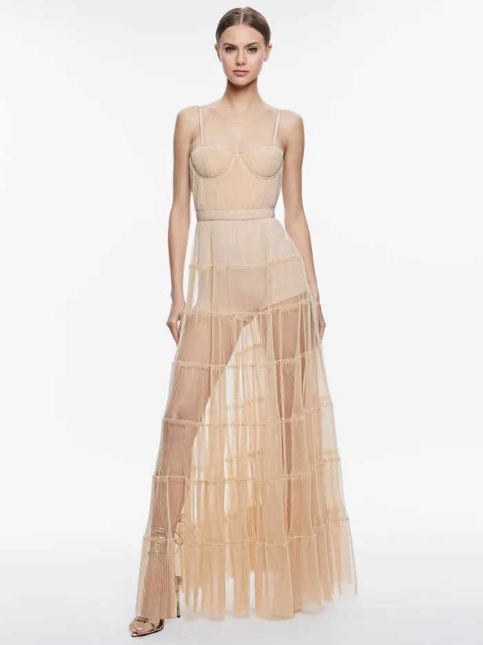 Alice Olivia DEENA PLEATED MAXI DRESS WITH HOT PANT Almond Women Dresses
