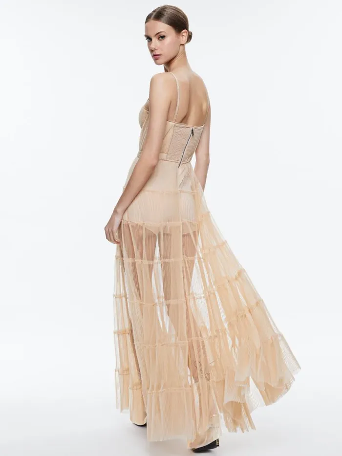 Alice Olivia DEENA PLEATED MAXI DRESS WITH HOT PANT Almond Women Dresses