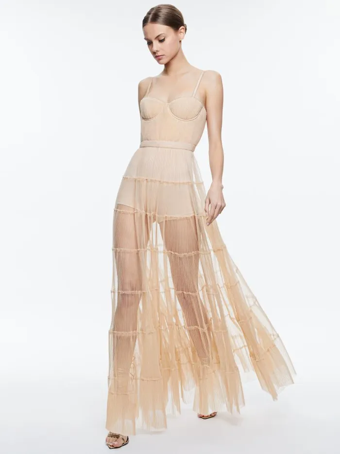 Alice Olivia DEENA PLEATED MAXI DRESS WITH HOT PANT Almond Women Dresses