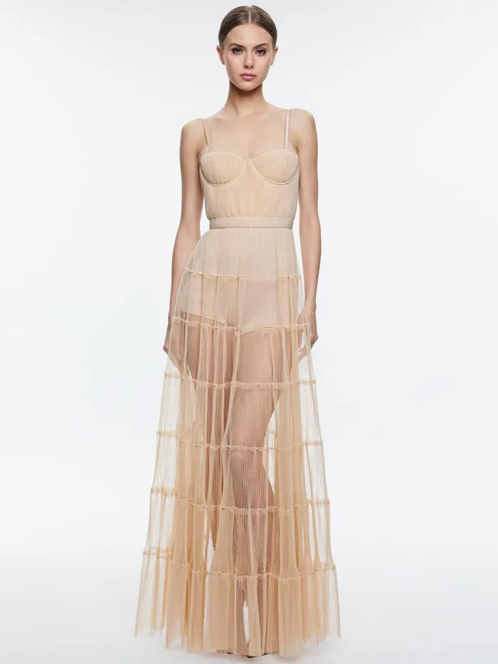 Alice Olivia DEENA PLEATED MAXI DRESS WITH HOT PANT Almond Women Dresses