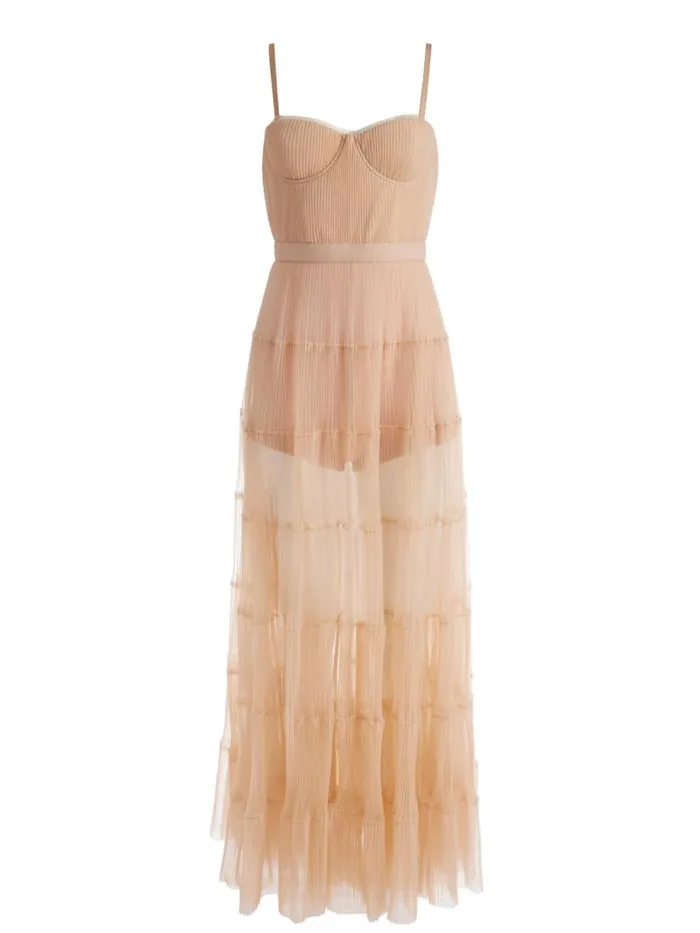 Alice Olivia DEENA PLEATED MAXI DRESS WITH HOT PANT Almond Women Dresses