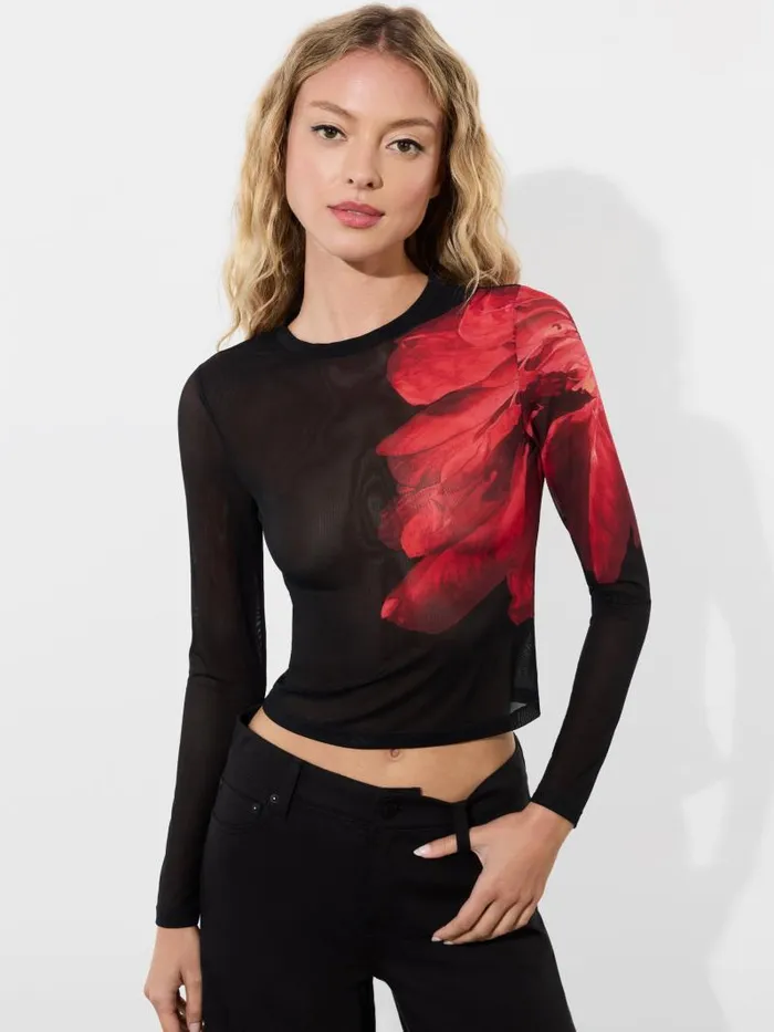 Alice Olivia DELAINA MESH LONG SLEEVE CROP TOP Italian Landscape Women Tops