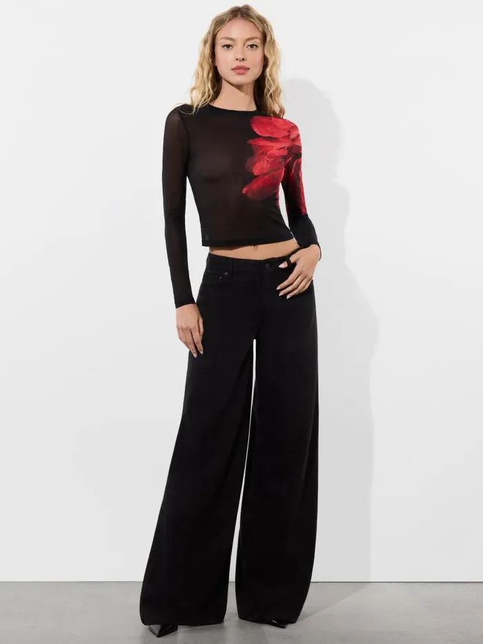 Alice Olivia DELAINA MESH LONG SLEEVE CROP TOP Italian Landscape Women Tops
