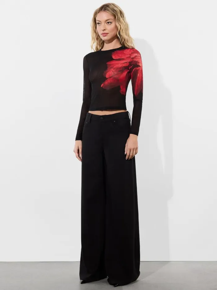 Alice Olivia DELAINA MESH LONG SLEEVE CROP TOP Italian Landscape Women Tops