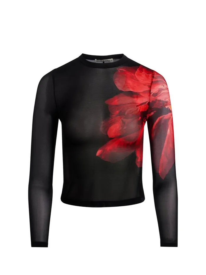 Alice Olivia DELAINA MESH LONG SLEEVE CROP TOP Italian Landscape Women Tops