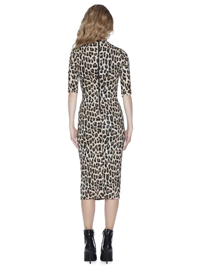 Alice Olivia DELORA FITTED MOCK NECK MIDI DRESS Textured Leopard Women Dresses