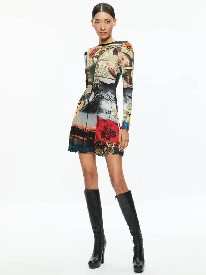 Alice Olivia DELORA PANELED MINI DRESS WITH LETTUCE TRIM Eco Fusion Women Dresses