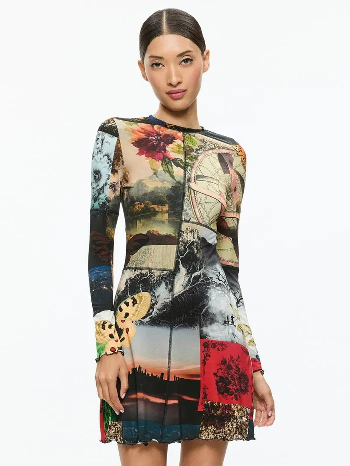 Alice Olivia DELORA PANELED MINI DRESS WITH LETTUCE TRIM Eco Fusion Women Dresses