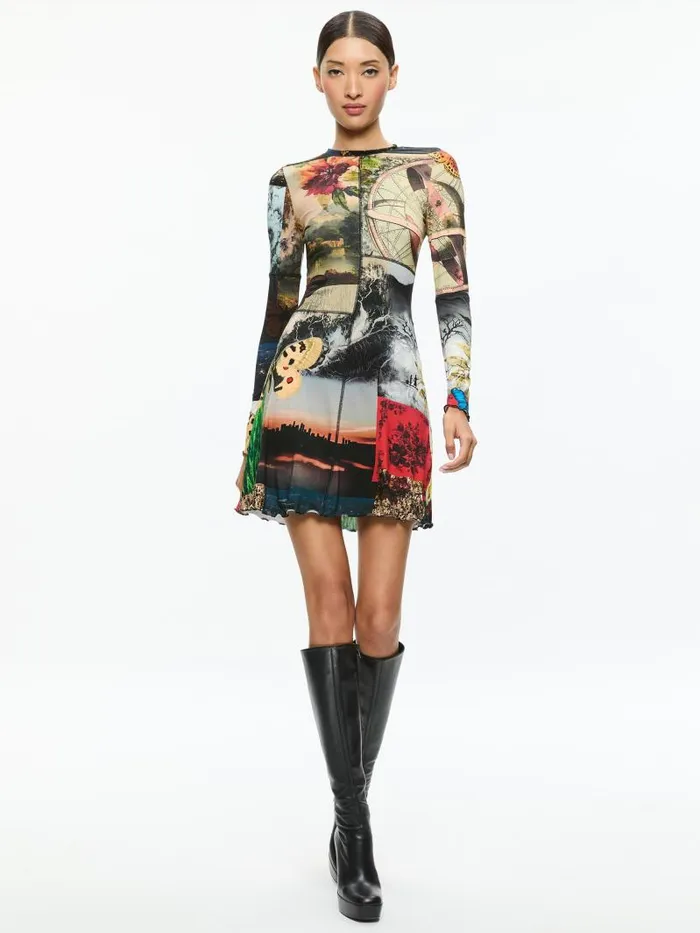Alice Olivia DELORA PANELED MINI DRESS WITH LETTUCE TRIM Eco Fusion Women Dresses