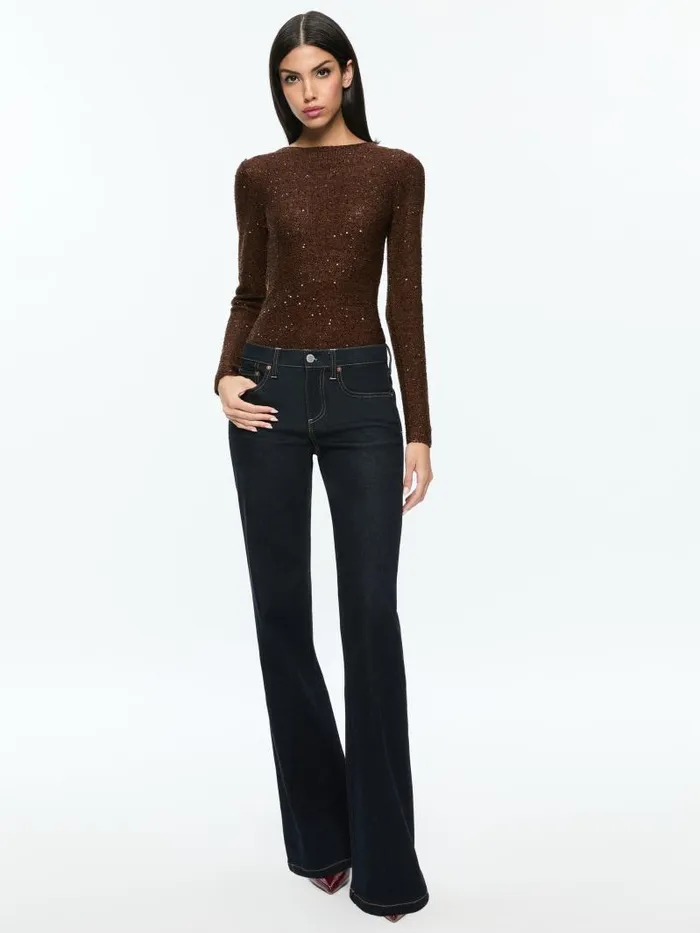 Alice Olivia ENEIDA SLIM SEQUIN CREW Espresso Women Sweaters