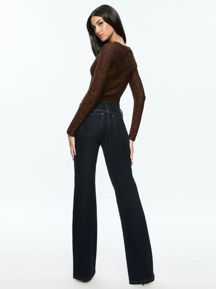 Alice Olivia ENEIDA SLIM SEQUIN CREW Espresso Women Sweaters
