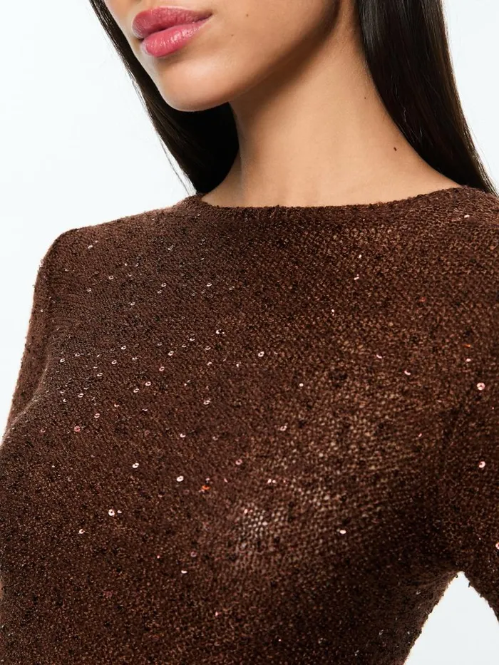 Alice Olivia ENEIDA SLIM SEQUIN CREW Espresso Women Sweaters