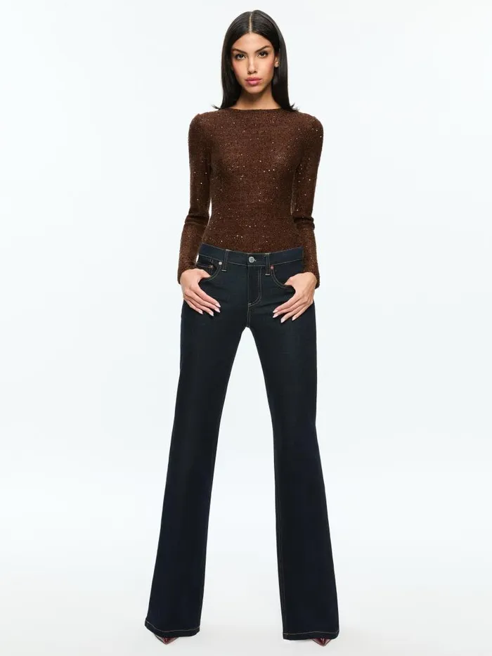 Alice Olivia ENEIDA SLIM SEQUIN CREW Espresso Women Sweaters