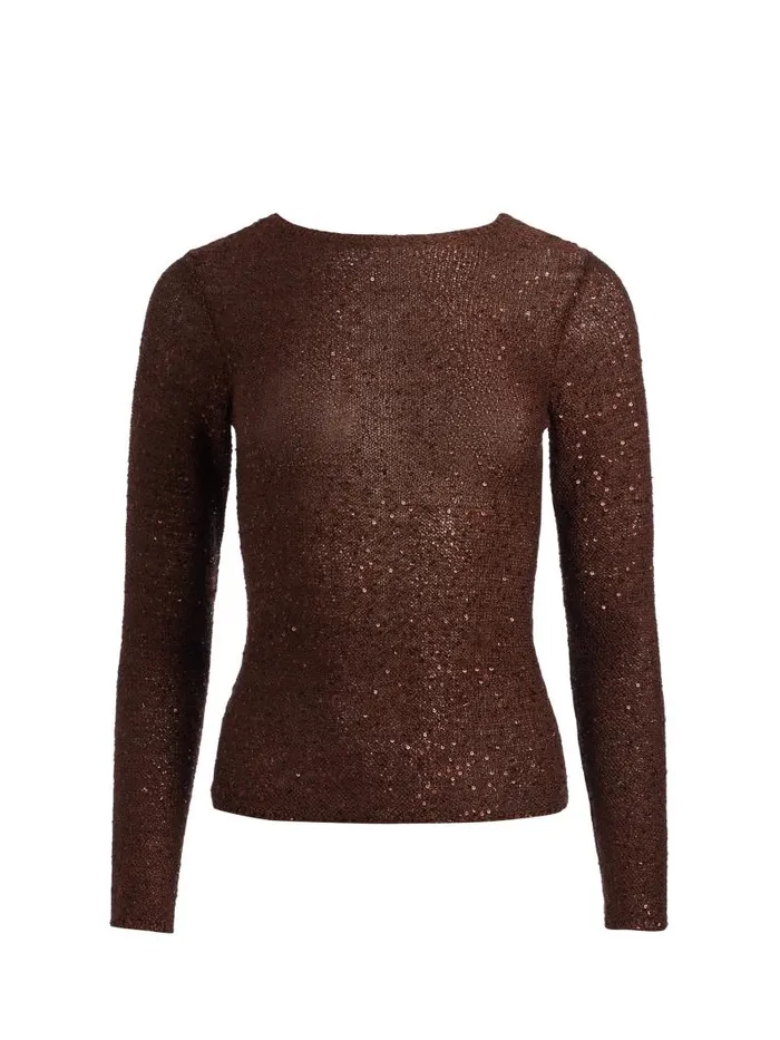 Alice Olivia ENEIDA SLIM SEQUIN CREW Espresso Women Sweaters