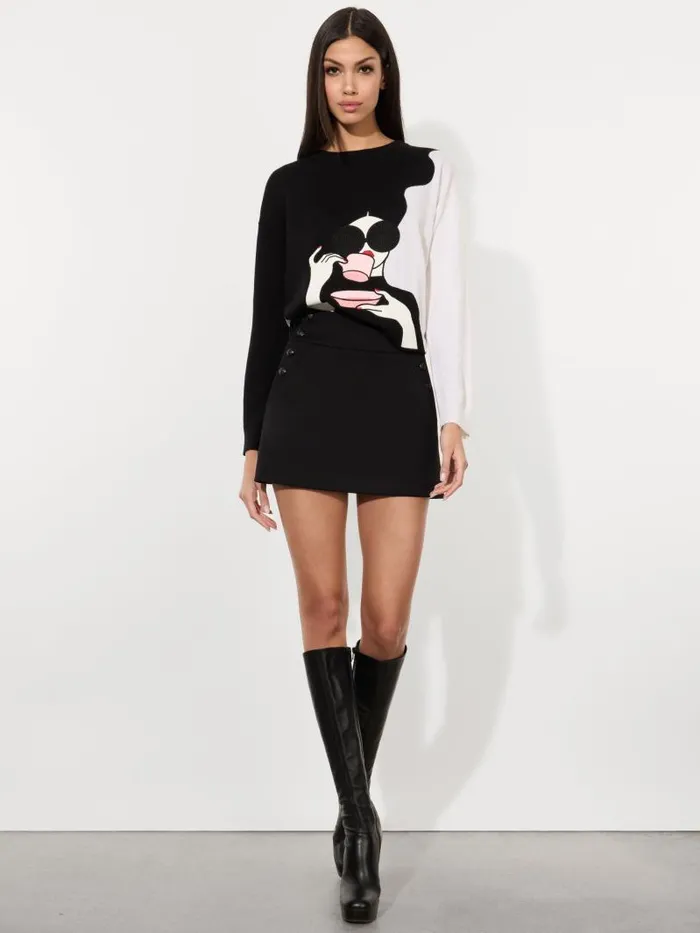 Alice Olivia GLEESON STACEFACE PULLOVER Blacksoft White Multi Women Sweaters