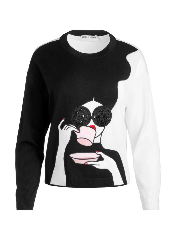 Alice Olivia GLEESON STACEFACE PULLOVER Blacksoft White Multi Women Sweaters