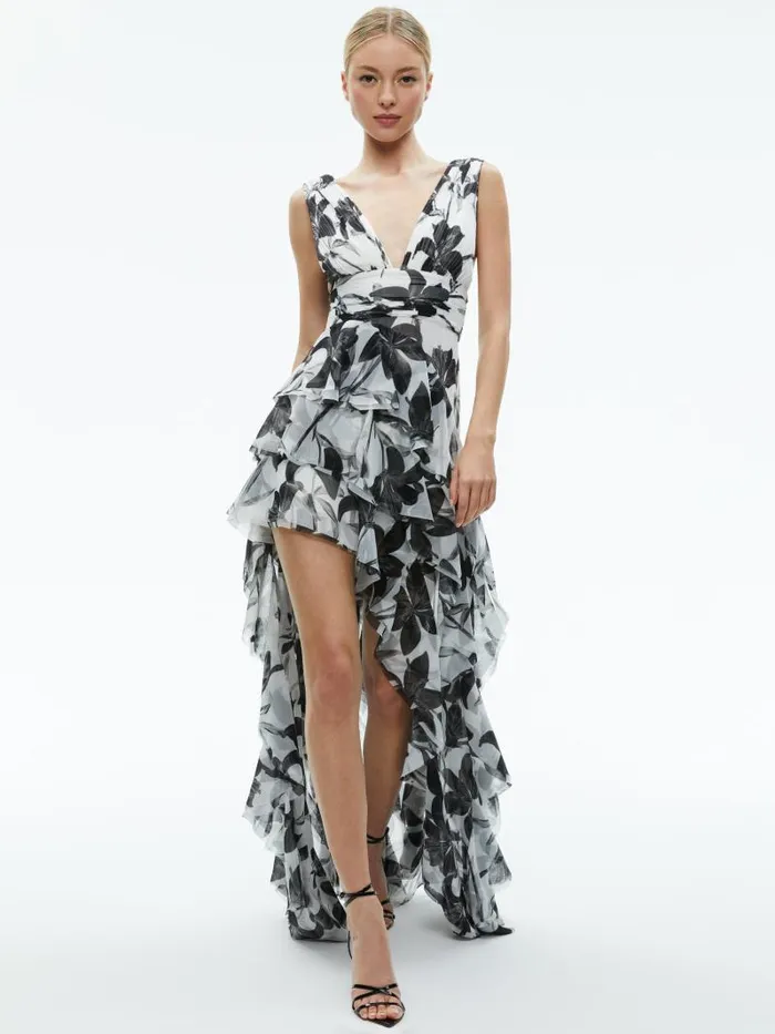 Alice Olivia HOLLY LOW NECK ASYMMETRIC RUFFLED MAXI DRESS Stargazer Off White Lg Women Dresses