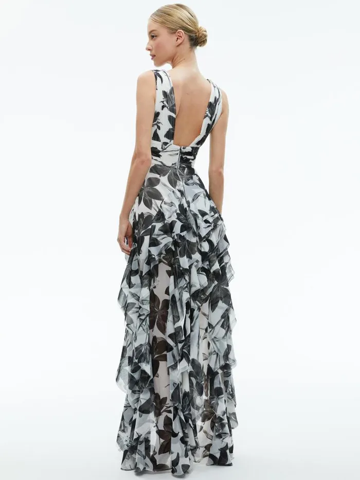 Alice Olivia HOLLY LOW NECK ASYMMETRIC RUFFLED MAXI DRESS Stargazer Off White Lg Women Dresses
