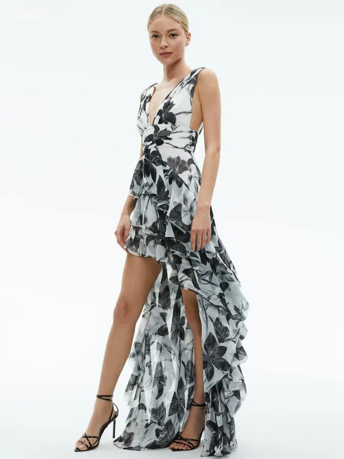 Alice Olivia HOLLY LOW NECK ASYMMETRIC RUFFLED MAXI DRESS Stargazer Off White Lg Women Dresses