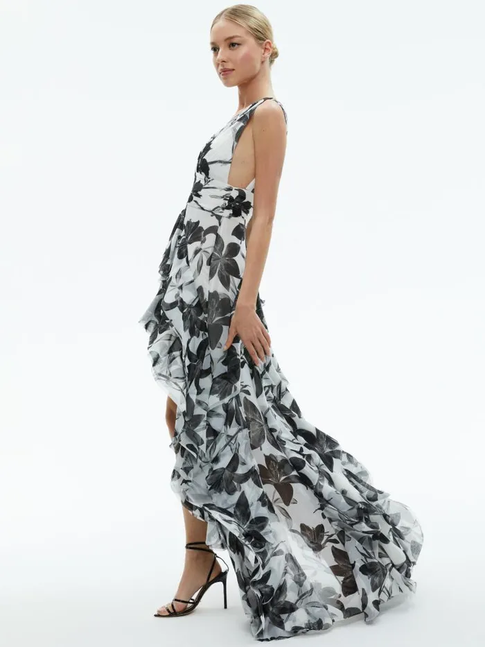 Alice Olivia HOLLY LOW NECK ASYMMETRIC RUFFLED MAXI DRESS Stargazer Off White Lg Women Dresses