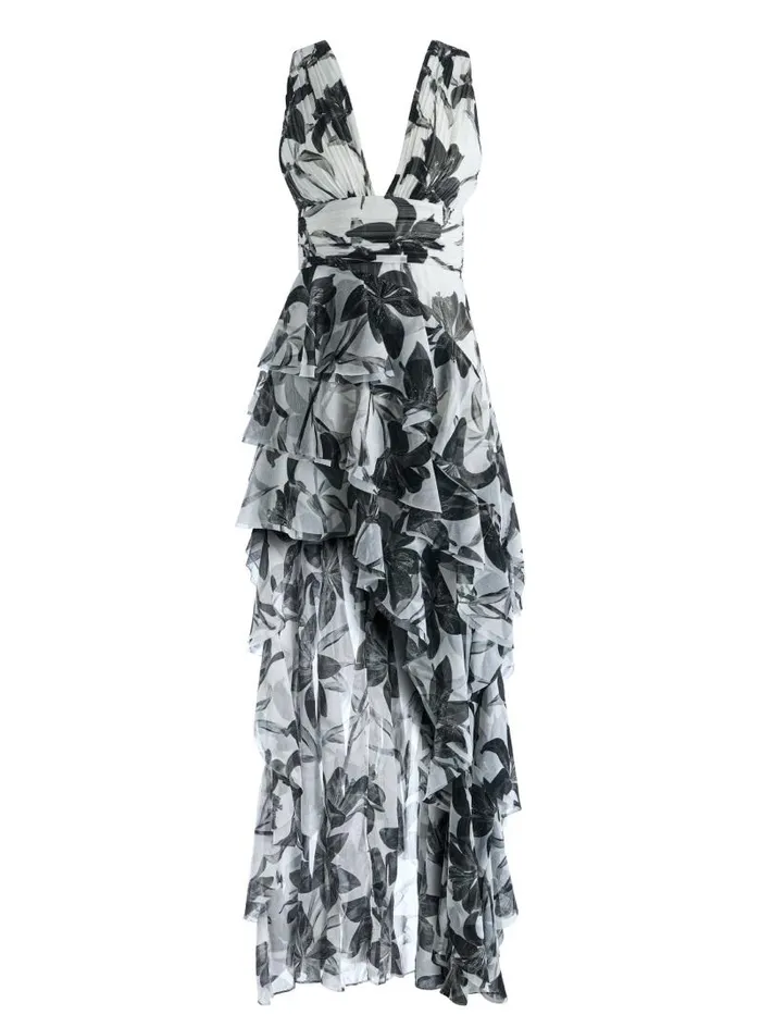 Alice Olivia HOLLY LOW NECK ASYMMETRIC RUFFLED MAXI DRESS Stargazer Off White Lg Women Dresses
