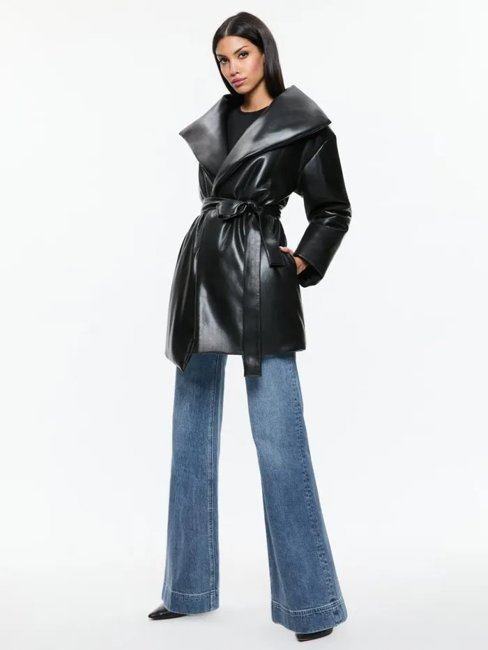 Alice Olivia IMA VEGAN LEATHER PUFFER COAT Black Women Jackets Coats
