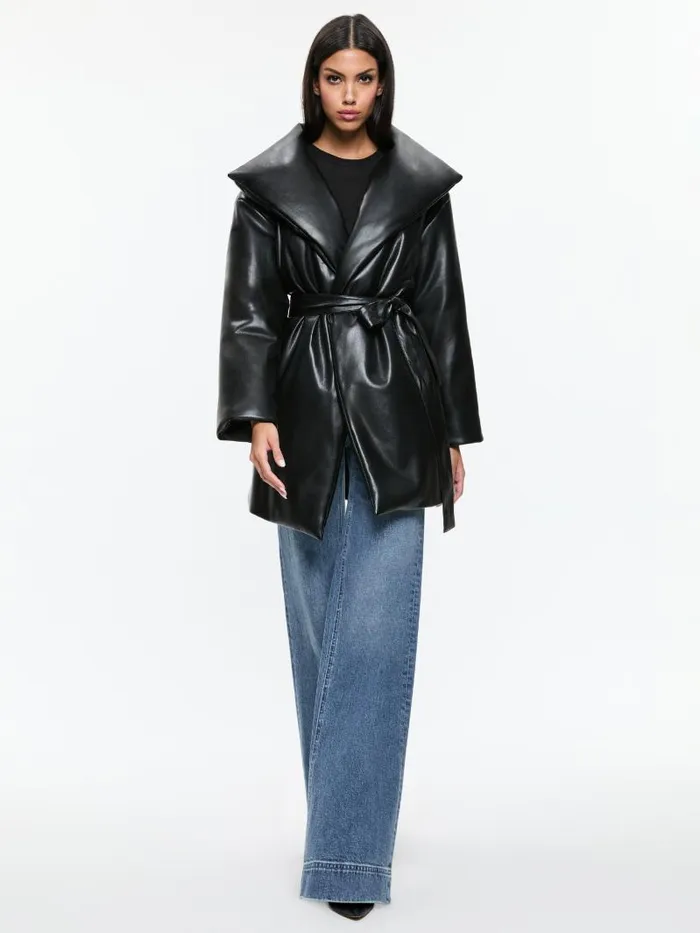 Alice Olivia IMA VEGAN LEATHER PUFFER COAT Black Women Jackets Coats