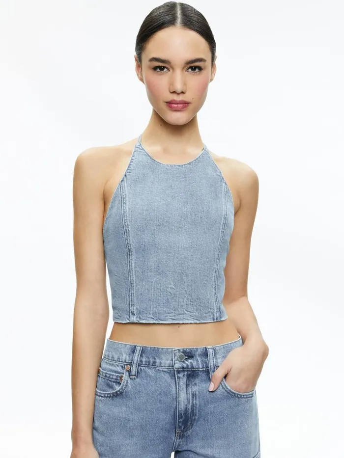 Alice Olivia JAYMEE TIE NECK CROPPED HALTER TOP Georgia Vintage Blue Women Tops