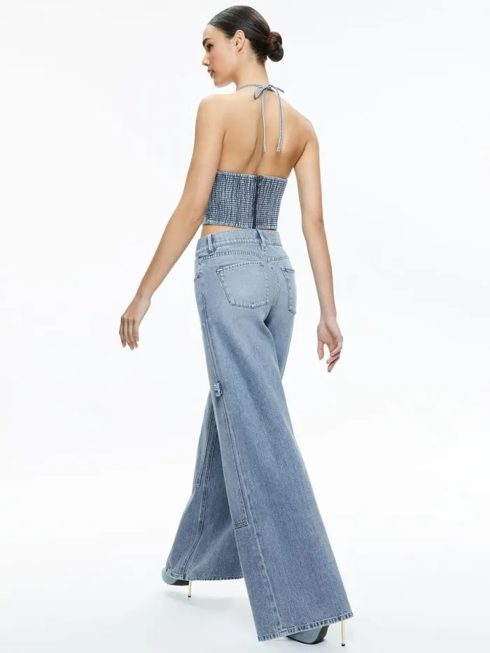 Alice Olivia JAYMEE TIE NECK CROPPED HALTER TOP Georgia Vintage Blue Women Tops