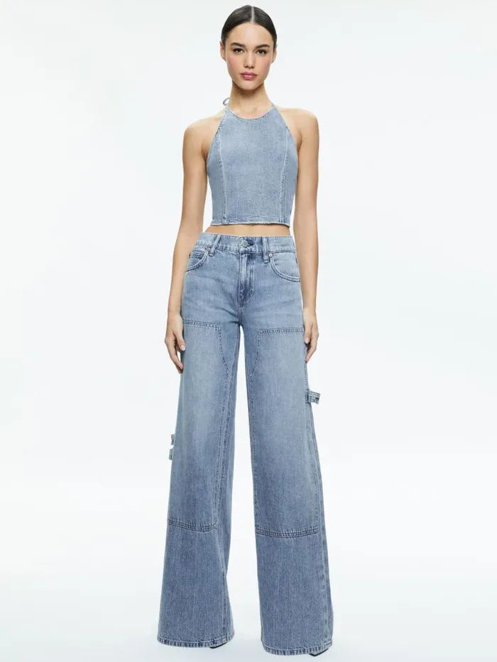 Alice Olivia JAYMEE TIE NECK CROPPED HALTER TOP Georgia Vintage Blue Women Tops