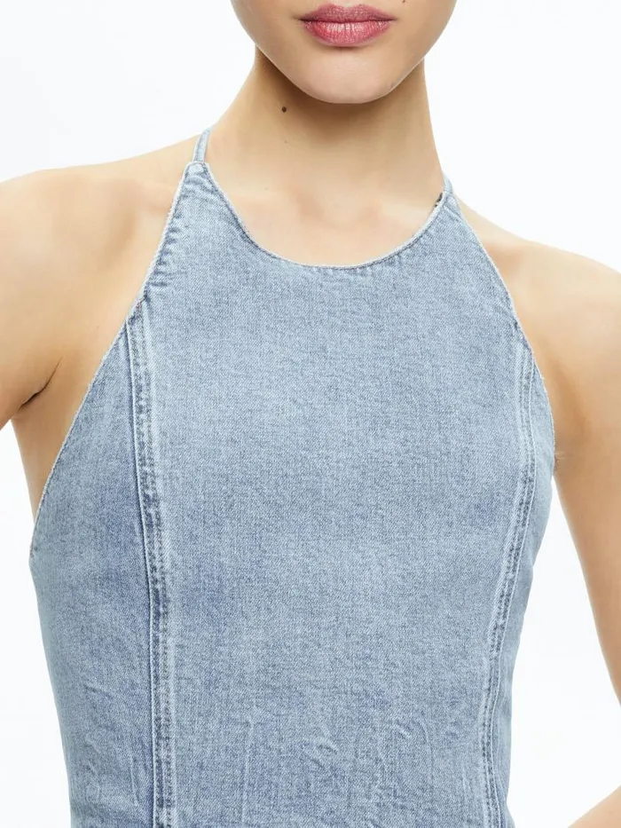 Alice Olivia JAYMEE TIE NECK CROPPED HALTER TOP Georgia Vintage Blue Women Tops