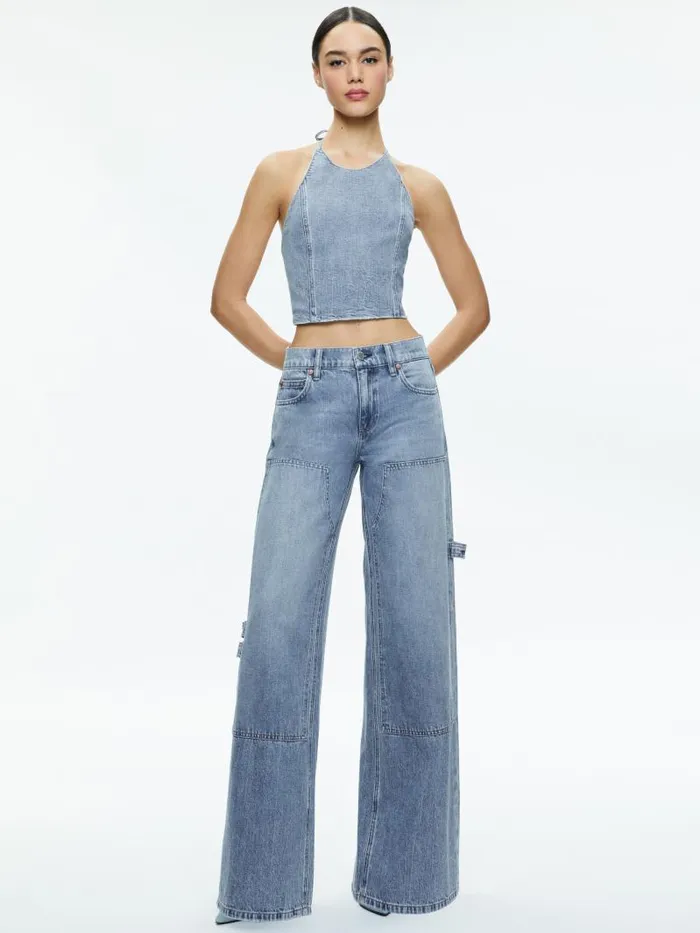 Alice Olivia JAYMEE TIE NECK CROPPED HALTER TOP Georgia Vintage Blue Women Tops