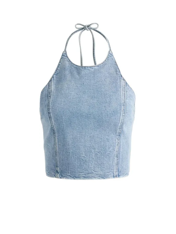 Alice Olivia JAYMEE TIE NECK CROPPED HALTER TOP Georgia Vintage Blue Women Tops