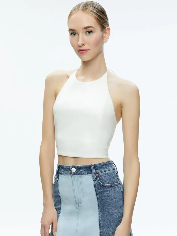 Alice Olivia JAYMEE VEGAN LEATHER CROPPED HALTER TOP Off White Women Tops