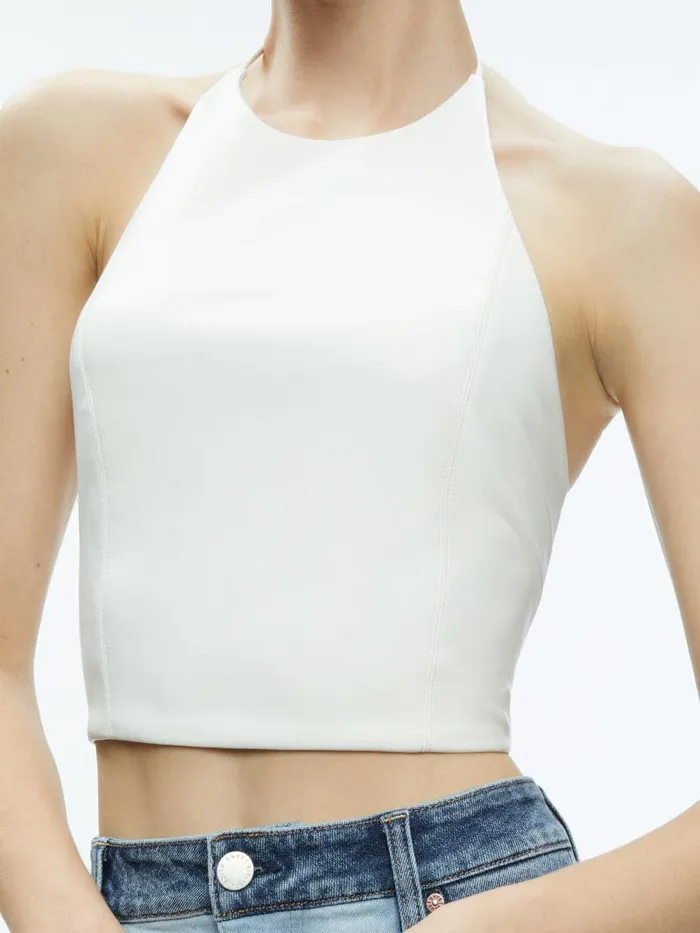 Alice Olivia JAYMEE VEGAN LEATHER CROPPED HALTER TOP Off White Women Tops