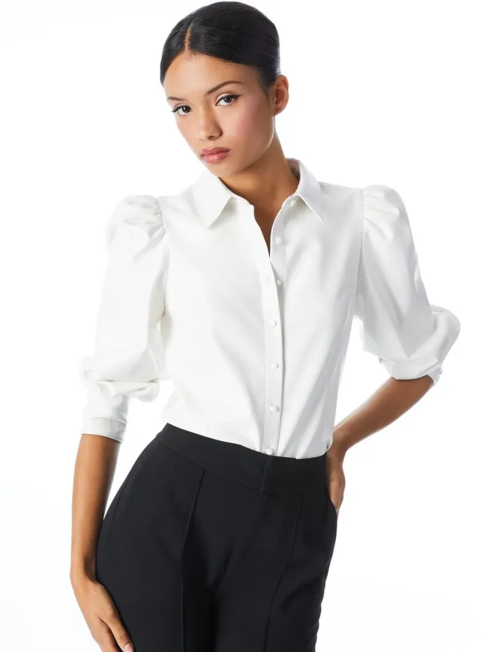 Alice Olivia NADINE VEGAN LEATHER BUTTON DOWN Black Women Tops