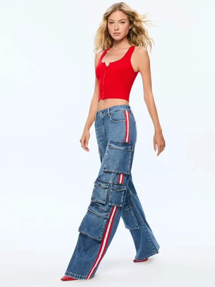 Alice Olivia OLYMPIA MID RISE BAGGY CARGO JEAN WITH SIDE STRIPE Avery Bluebright Ruby Women Pants
