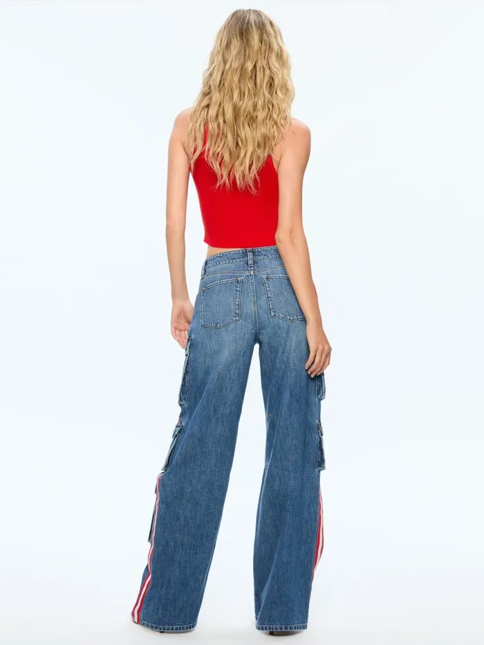 Alice Olivia OLYMPIA MID RISE BAGGY CARGO JEAN WITH SIDE STRIPE Avery Bluebright Ruby Women Pants