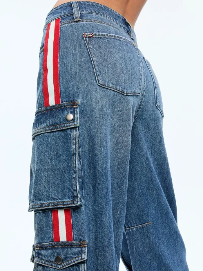 Alice Olivia OLYMPIA MID RISE BAGGY CARGO JEAN WITH SIDE STRIPE Avery Bluebright Ruby Women Pants