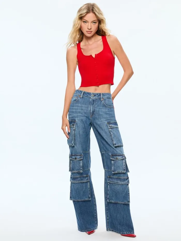 Alice Olivia OLYMPIA MID RISE BAGGY CARGO JEAN WITH SIDE STRIPE Avery Bluebright Ruby Women Pants