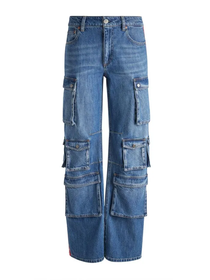 Alice Olivia OLYMPIA MID RISE BAGGY CARGO JEAN WITH SIDE STRIPE Avery Bluebright Ruby Women Pants