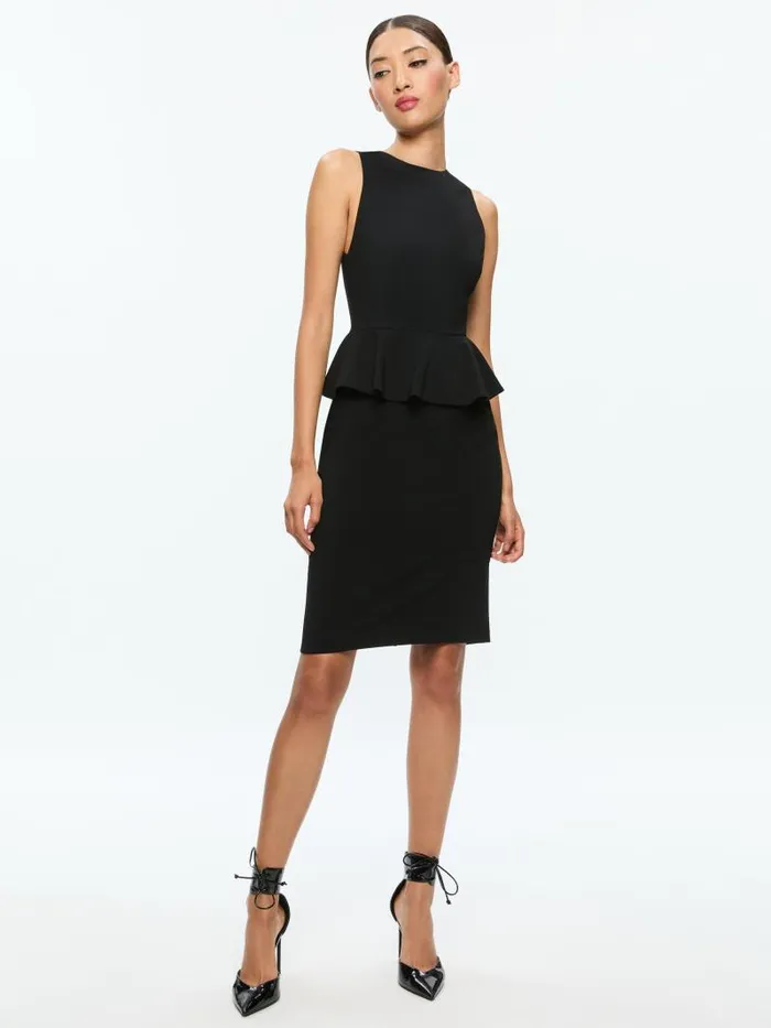 Alice Olivia POPPY PEPLUM MIDI DRESS Black Women Dresses