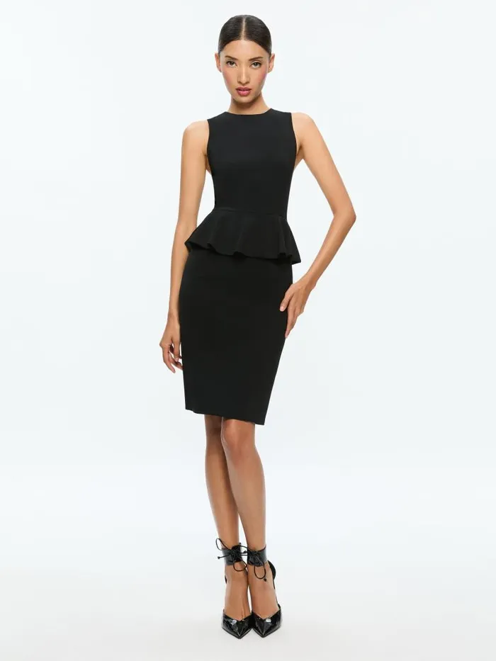 Alice Olivia POPPY PEPLUM MIDI DRESS Black Women Dresses