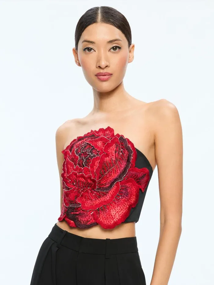Alice Olivia RANDIE FLORAL APPLIQUE CROP TOP Le Parisien Women Tops