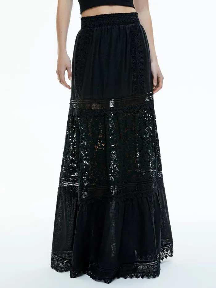 Alice Olivia REISE EMBROIDERED TIERED MAXI SKIRT Black Women Skirts