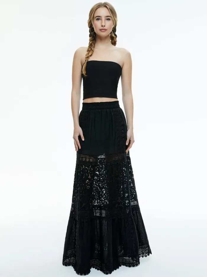 Alice Olivia REISE EMBROIDERED TIERED MAXI SKIRT Black Women Skirts